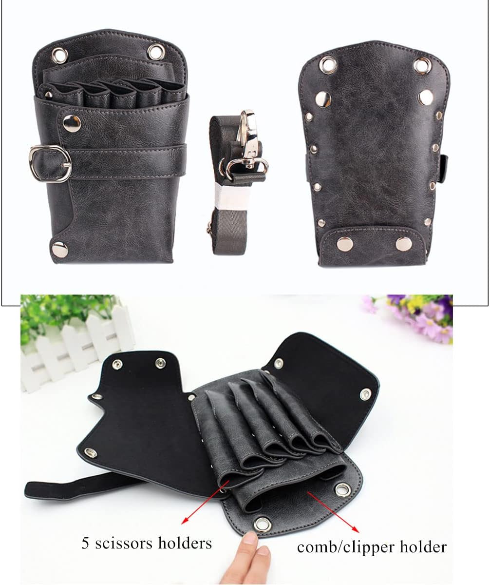 Scissors Pouch PU Leather Salon Barber Hairdressing Scissors Holster Hair Stylist Tools Bag Comb Shear Holster Waist Shoulder Belt (Grey)