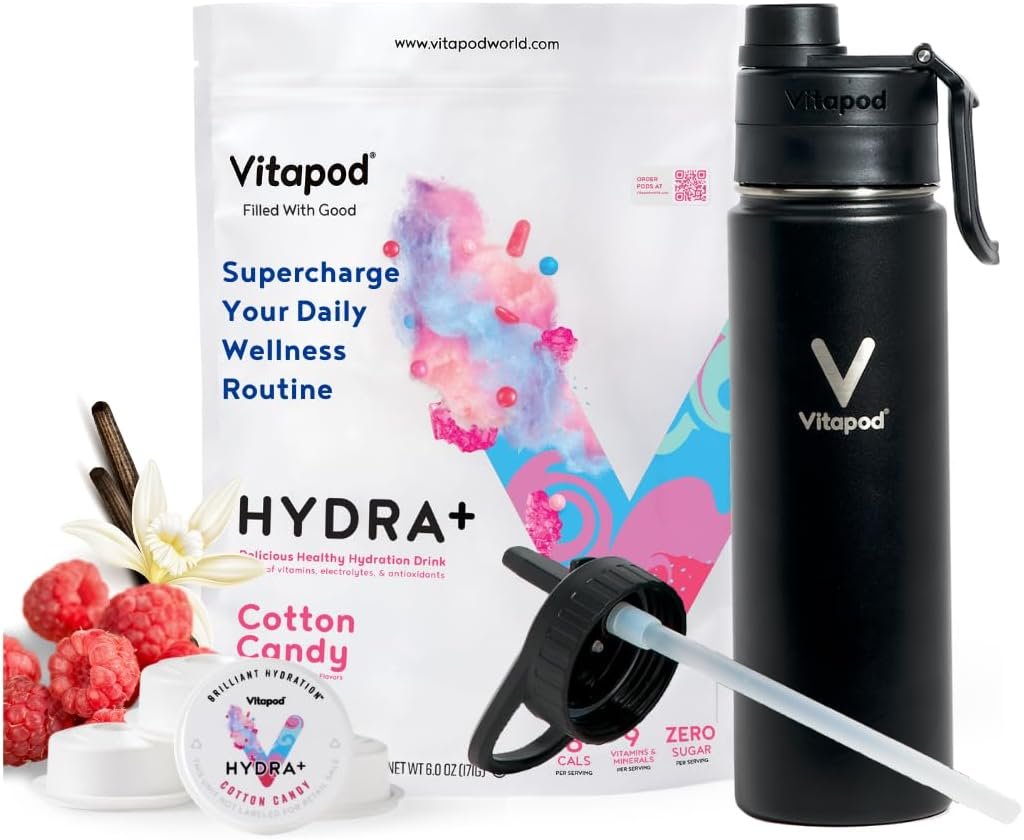 VERSAINSECT Cotton Candy Flavored Water Enhancer Pods Starter Bundle, Sugar Free, Vitamin C, Vitamin A, Vitamin D, Zinc, 30 Pods, 22 oz Stainless Steel Water Bottle, Black