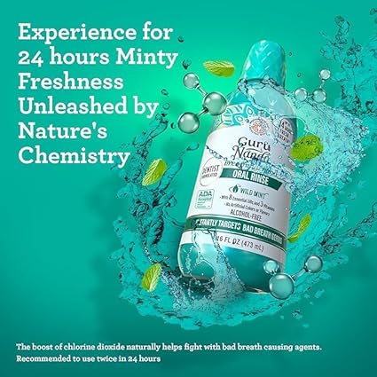 GuruNanda Fresh Breath Mouthwash, ADA-Accepted, Alcohol & Fluoride-Free, Sodium Chlorite, Essential Oils & Vitamins, 12-Hrs Fresh Breath, Wild Mint, 16 oz - 2 Pack
