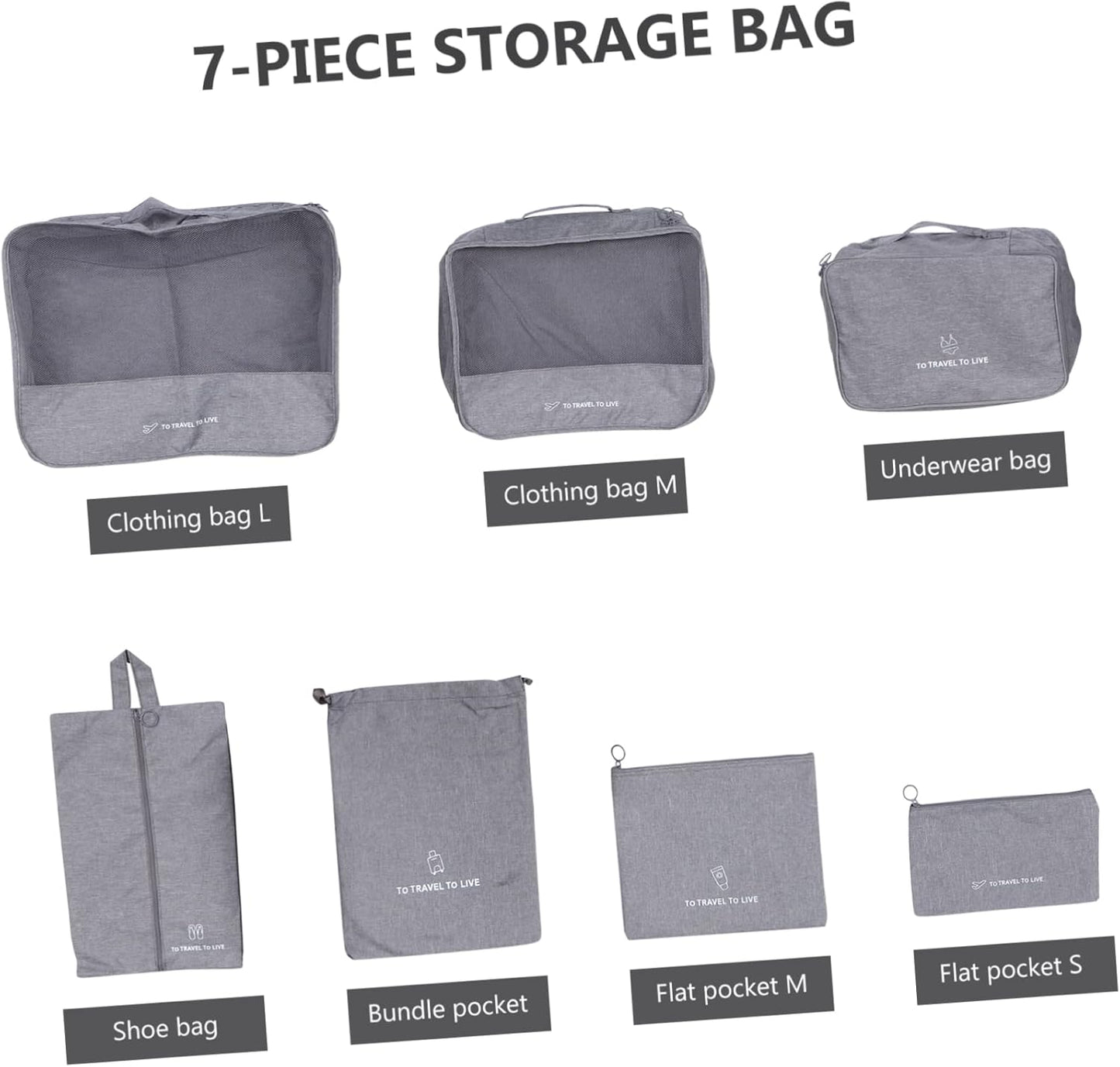 Holibanna 7Pcs Travel Packing Cubes Zipper Clothing Storage Pouches for Luggage Organization Travel Accessories for Clothes Shoes and Makeup Grey