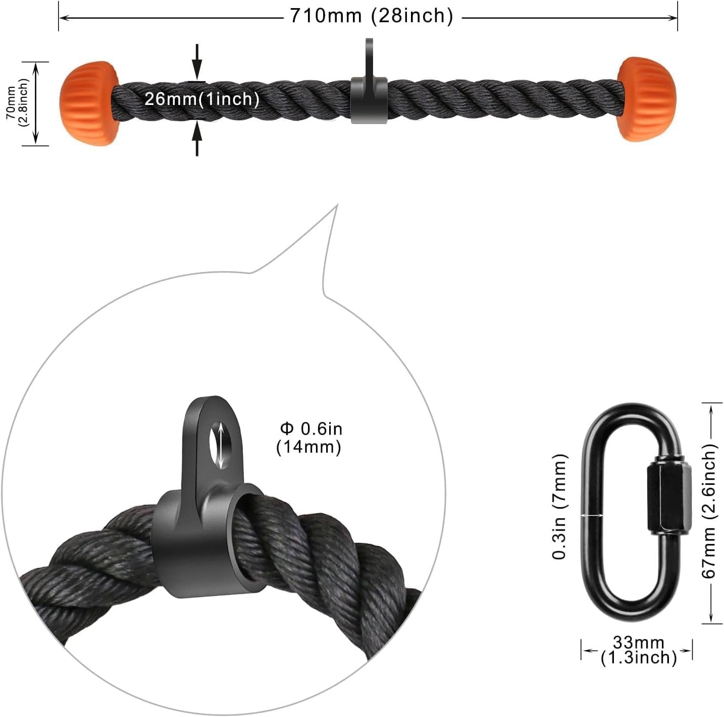 SELEWARE Triceps Rope with Non-Slip Soft Rubber Ends Home Gym Cable Attachment Workout Accessories 28 & 36 inches Long LAT Pulldown Attachment Black and Orange
