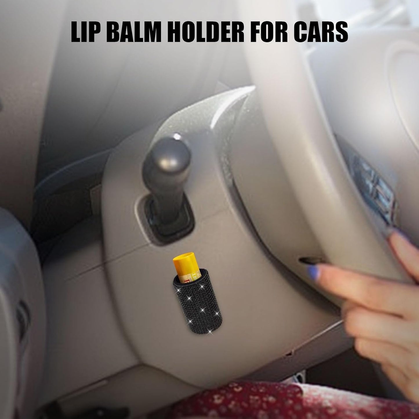 xbrtaia 1 Pack Upright Car Chapstick Holder, Bling Insulating Lip Balm Holder,Rhinestone Car Accessories for Women Interior,Suitable for Most Vehicles.(Black)