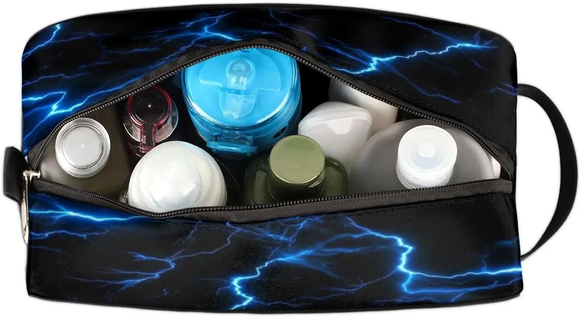 Blue Lightning Bolt Hanging Toiletry Bag,Travel Hygiene Kits for Boys Mens,Waterproof Makeup Carry-on Bags,Cosmetic Bag,TSA Approved Shave Dopp Kit for Toiletries Shower Bathroom Accessories Gifts,