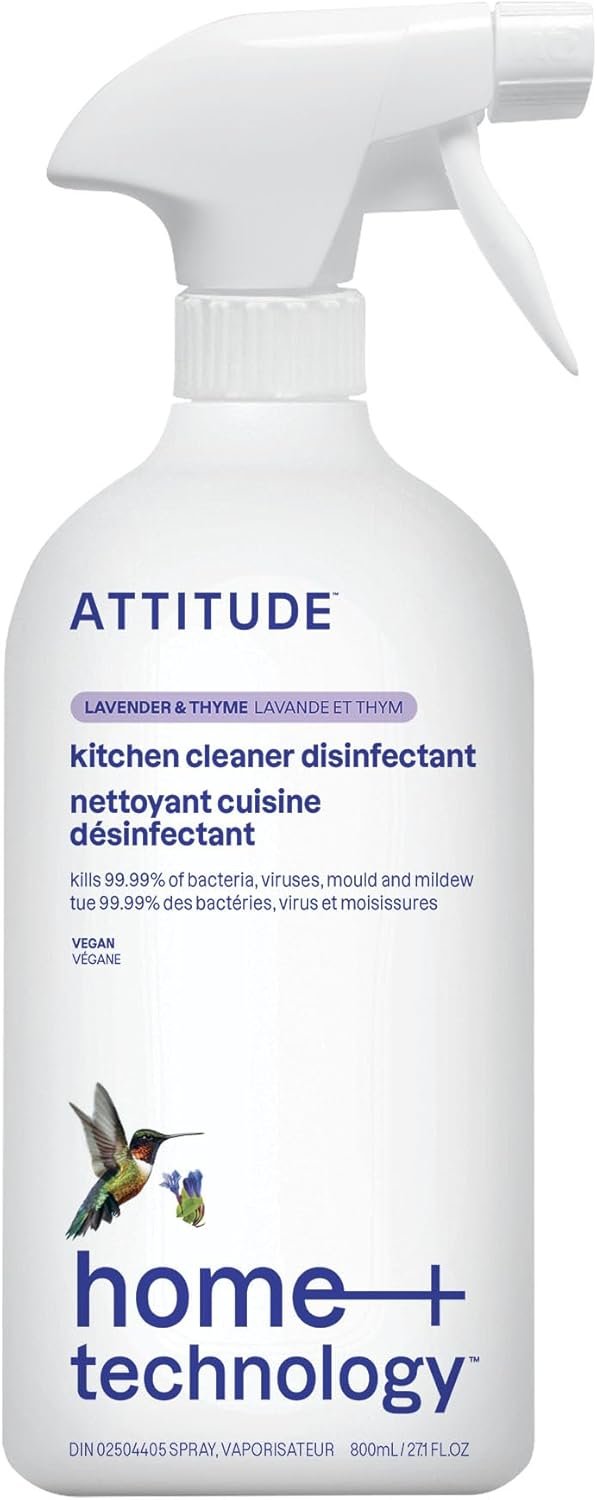 ATTITUDE Kitchen Cleaner Disinfectant 99.99%, Made in Canada, Eliminates Bacteria, Germs and Viruses, Vegan Household Products, Lavender & Thyme, 800 mL