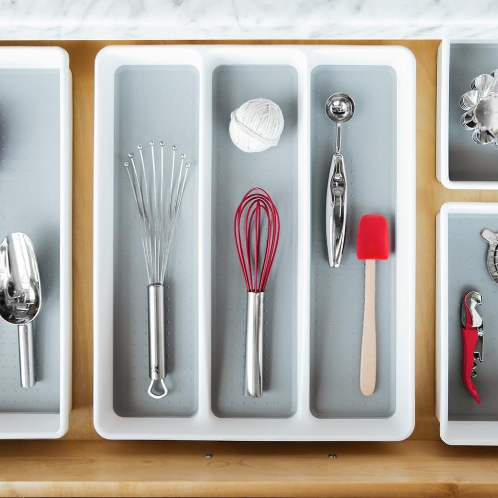 Madesmart Classic 3-Compartment Plastic Utensil Tray for Drawers, Multipurpose Storage Tray Drawer Organizer, White