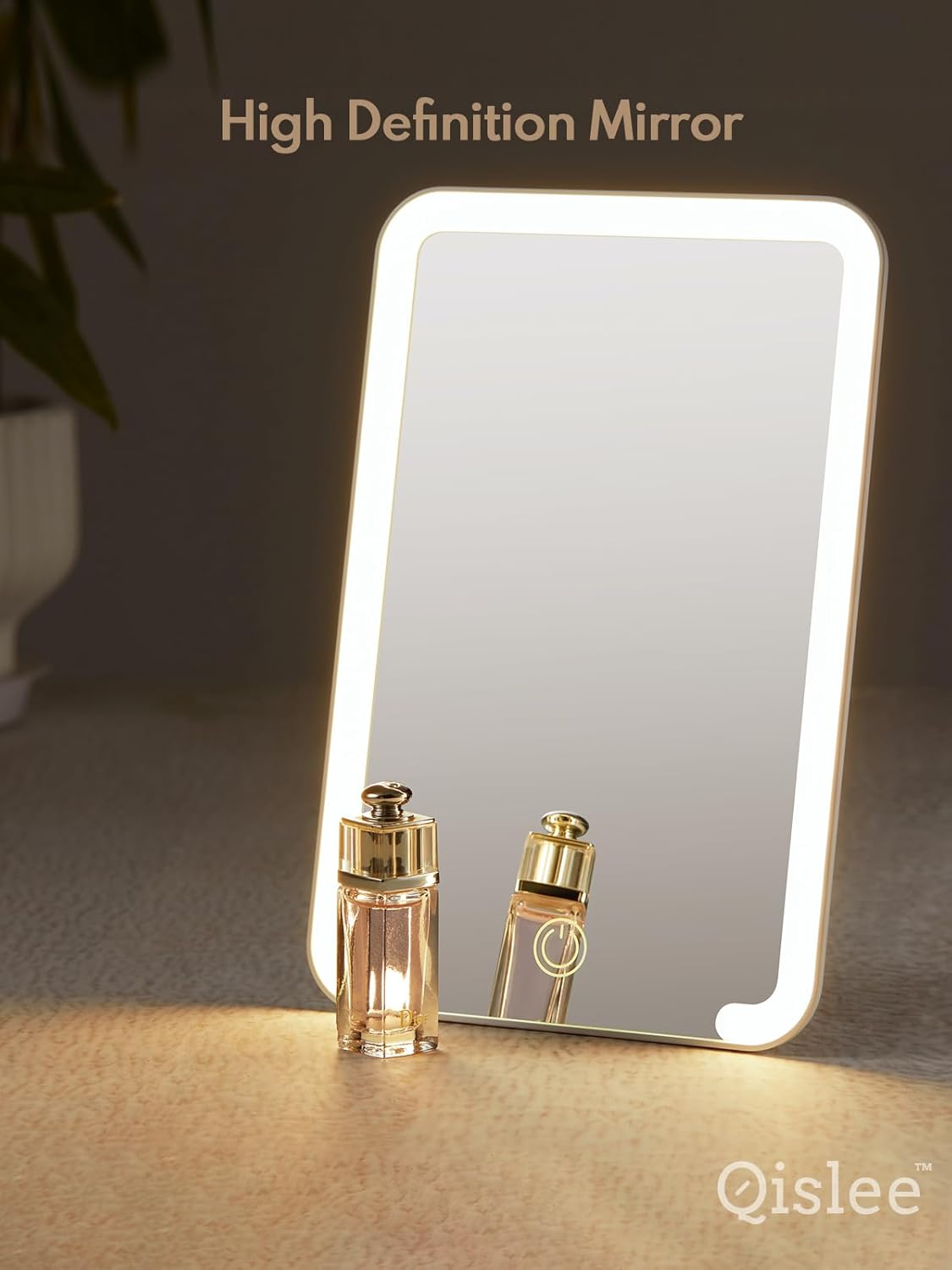 Qislee Travel Makeup Mirror with Lights, 3 Color Modes, Desk Mirror with Foldable Stand, Touch Dimming, Perfect Travel Accessory, White