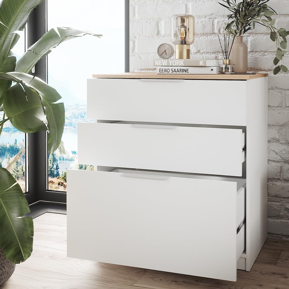Vicco Betti Bedroom Chest of Drawers, White/Sonoma, 80 x 90 cm with 3 Drawers