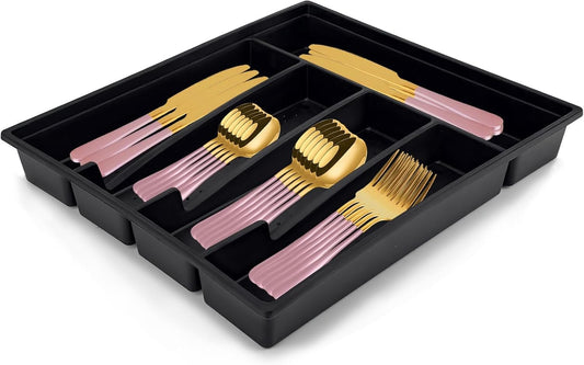 24-Piece Flatware Set with Organizer, Heavy Duty Stainless Steel Silverware for 6, Pink Cutlery Utensil Sets with Antiskid Handle, Rust-Proof Cutlery with Mirror Polished (Pink)