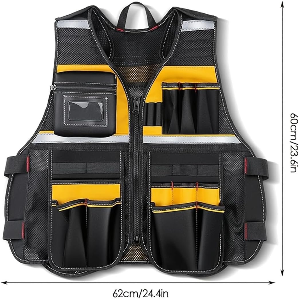 MISSLO Tool Vest Reflective Safety, 17 Pockets, Adjustable Construction Work Tool Vest for Men Electrician Carpenters Handyman