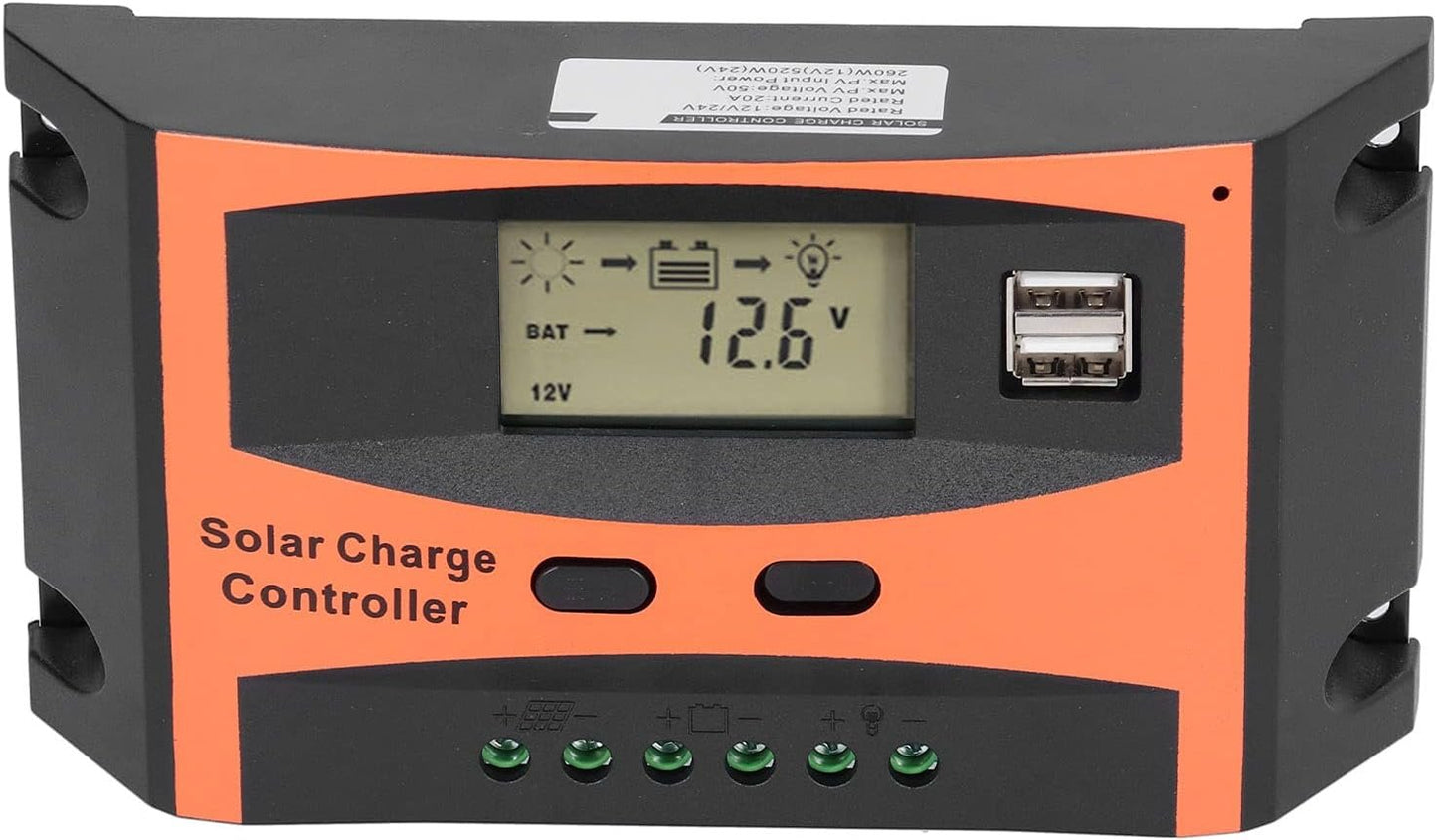 Solar Charge Controller LCD Display 12V 24V 20A Adjustable Dual USB Output with Overload Protection for Home Industry and Commerce Use ABS Material