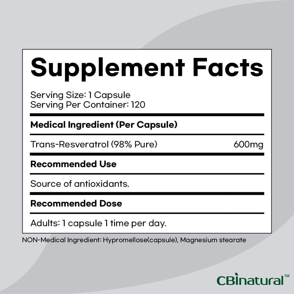 Trans-Resveratrol (98% Pure) 600 mg, 120 Vegan Capsules, 4-Month Supply