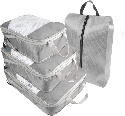 Packing Cubes for Travel, 3 Sizes Packing Cubes for Suitcases Expandable Compression Packing Cubes Lightweight Suitcase Organizer Bags Set, Durable Compression Bags and 1 Shoe Bag (Grey)