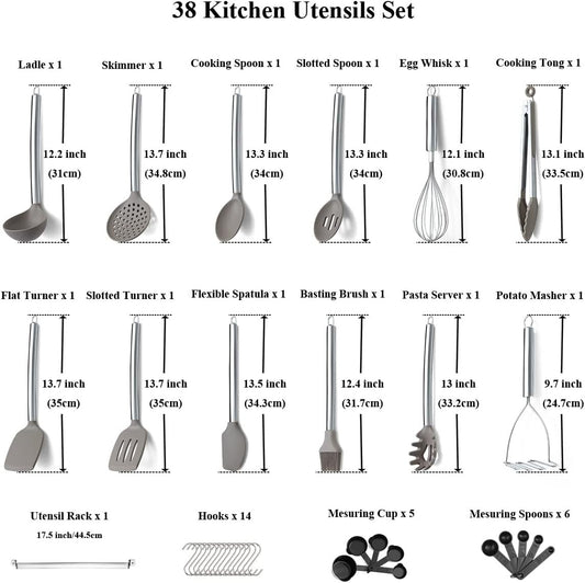 38 Pieces Kitchen Utensil Set with Utensil Holder, Silicone Head and Stainless Steel Handle Pots, Kitchen Utensils, Non-Stick Kitchen Gadgets, Dishwasher Safe (Silver)