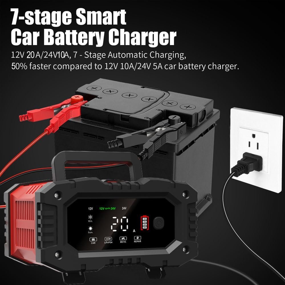 20-Amp Car Battery Charger, 12V/20A and 24V/10A LiFePO4,Lead-Acid(AGM/Gel/SLA) Automatic Smart Trickle Charger Maintainer,Desulfator, 300W Fast Charging for Automotive Truck Motorcycle Lawn Mower Boat