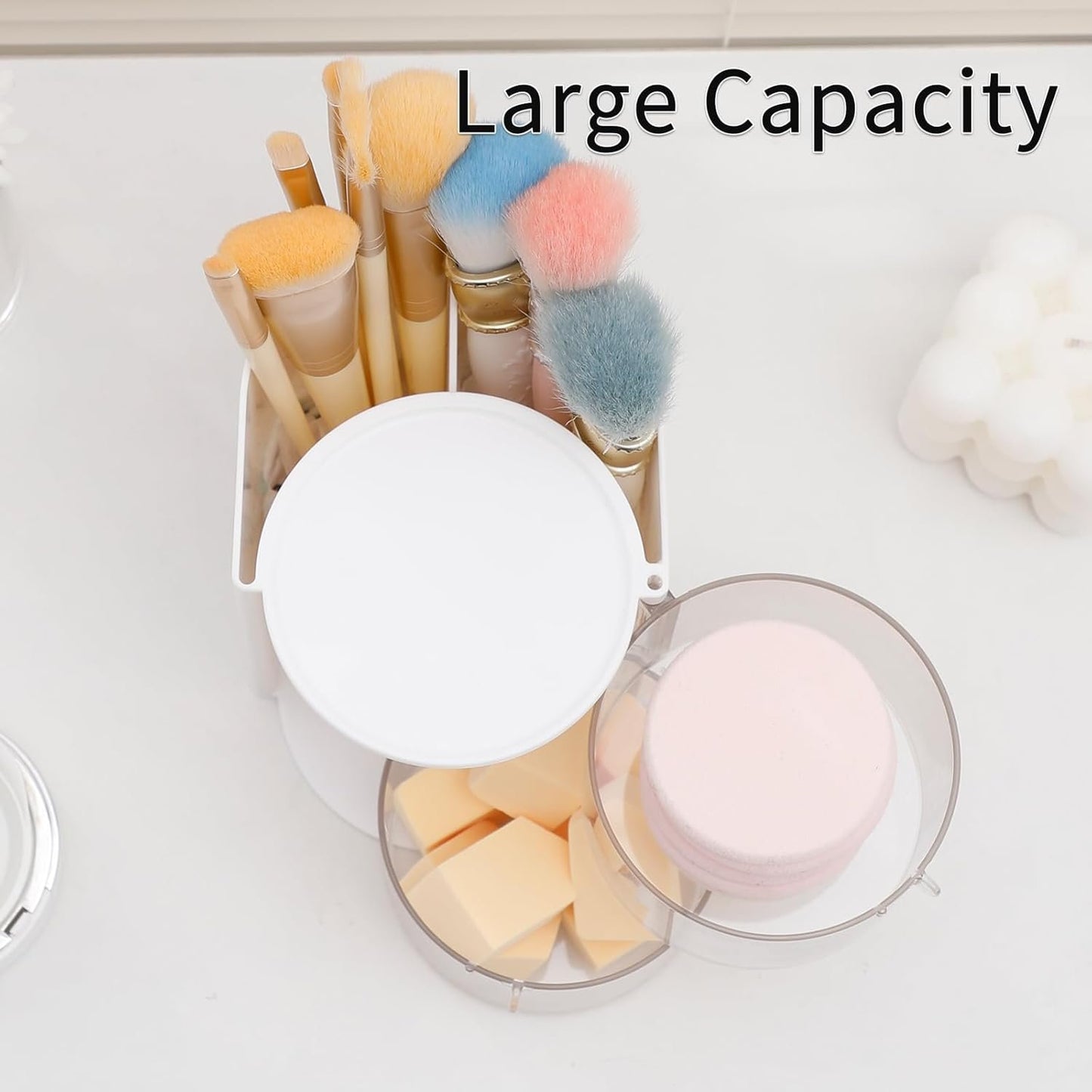 FABROK 2-Layer Clear Hair Accessories Organizer with Hair Brushes Holder, Rotatable Small Jewelry Box for Necklaces、Earring, Desktop Organizer Case for Makeup Brushes, Hair Accessories, Cotton Swab
