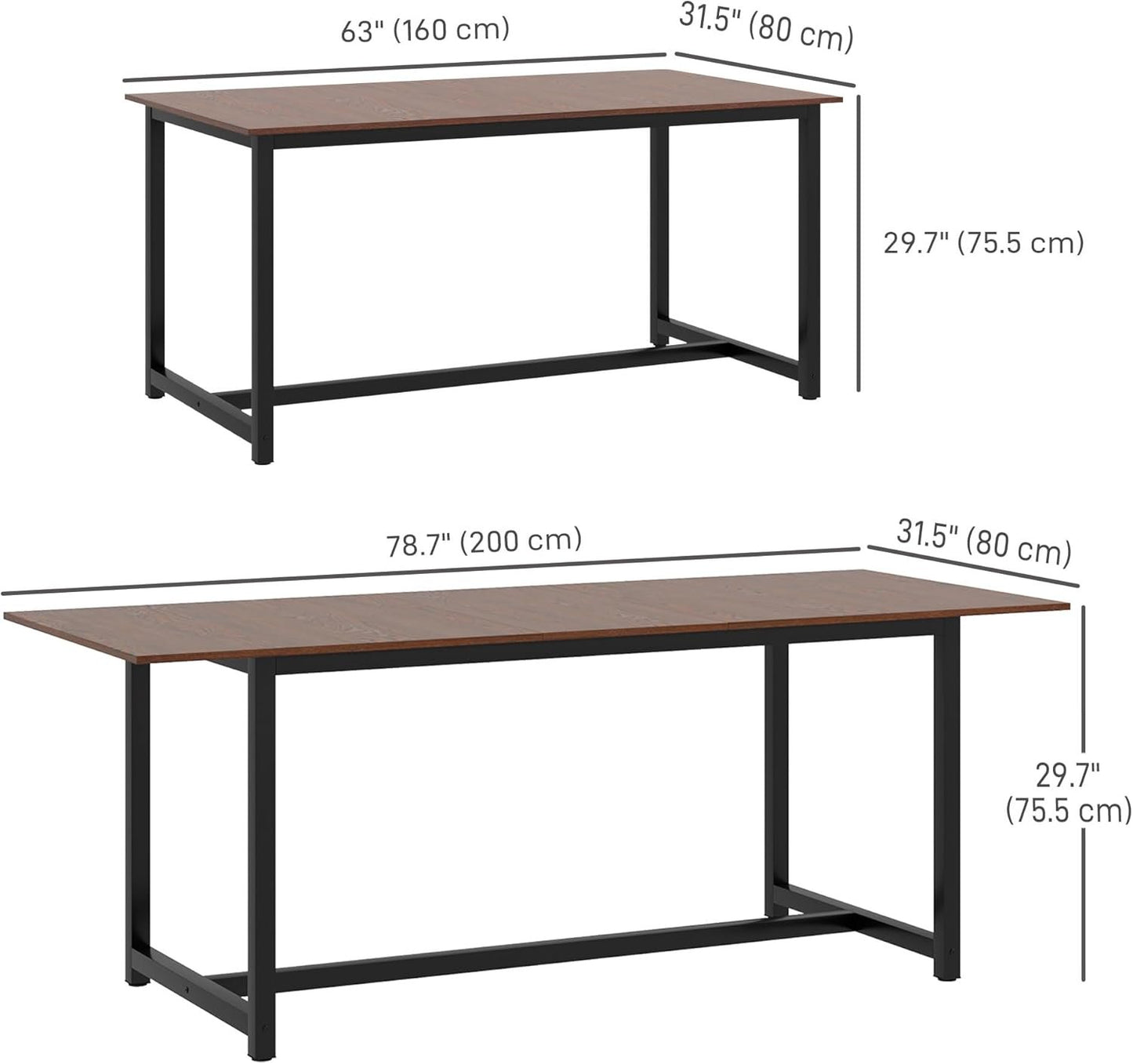 HOMCOM Extendable Dining Table for 4-6, Industrial Folding Kitchen Table with Steel Frame, 63"-79" Adjustable Tabletop, Brown Wood Grain