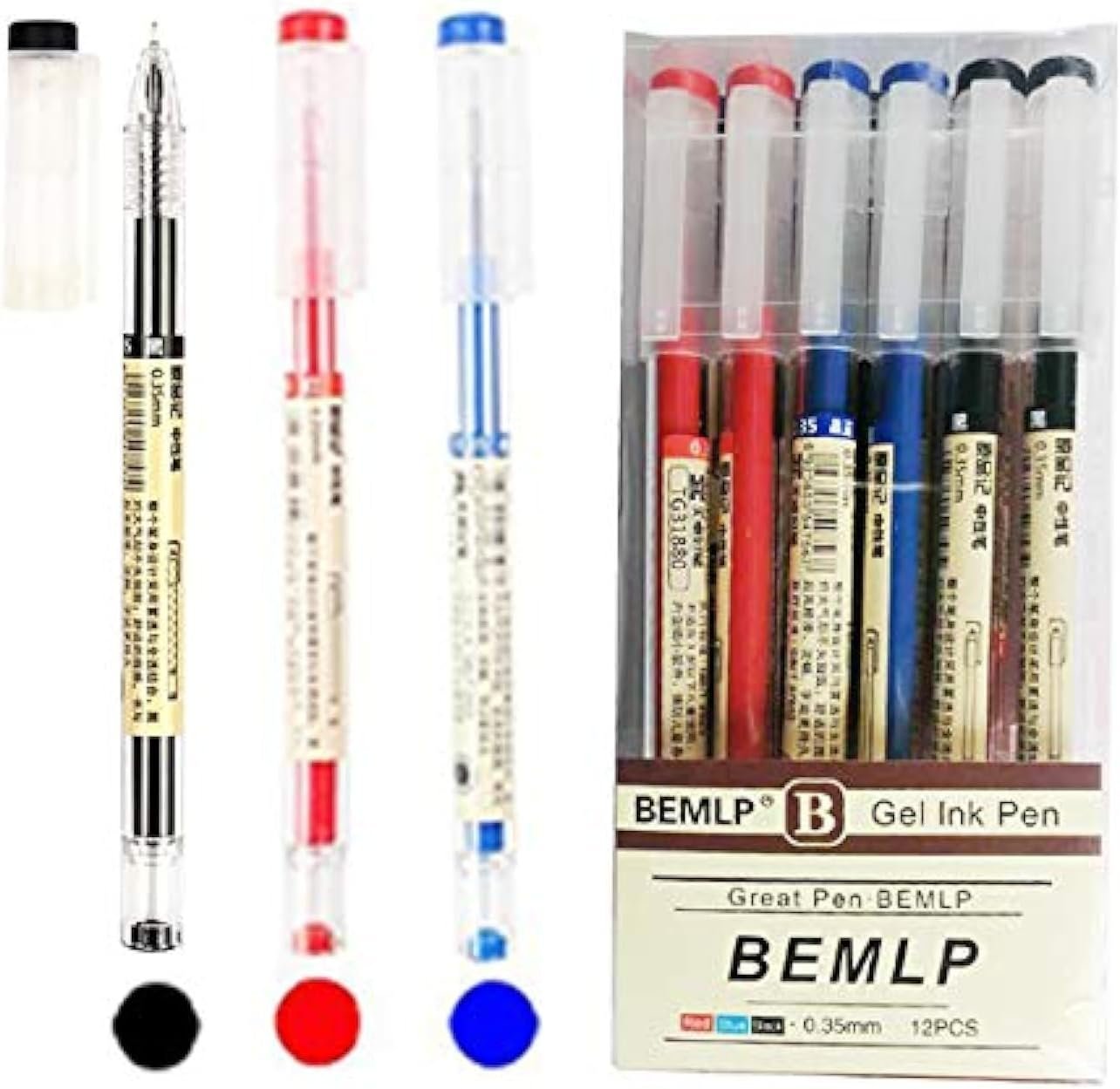 Gel Ink Pen Extra fine point pens Ballpoint pen Liquid Ink Rollerball Pens 0.35mm Premium Quick Drying Pen for Japanese Office School Stationery Supply 12 Packs (4 Black 4 Blue 4 Red)