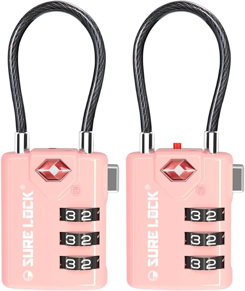 SURE LOCK TSA Compatible Travel Luggage Locks, Inspection Indicator, Easy Read Dials TSA Approved with Zinc Alloy, PINK 2 PACK, earnest