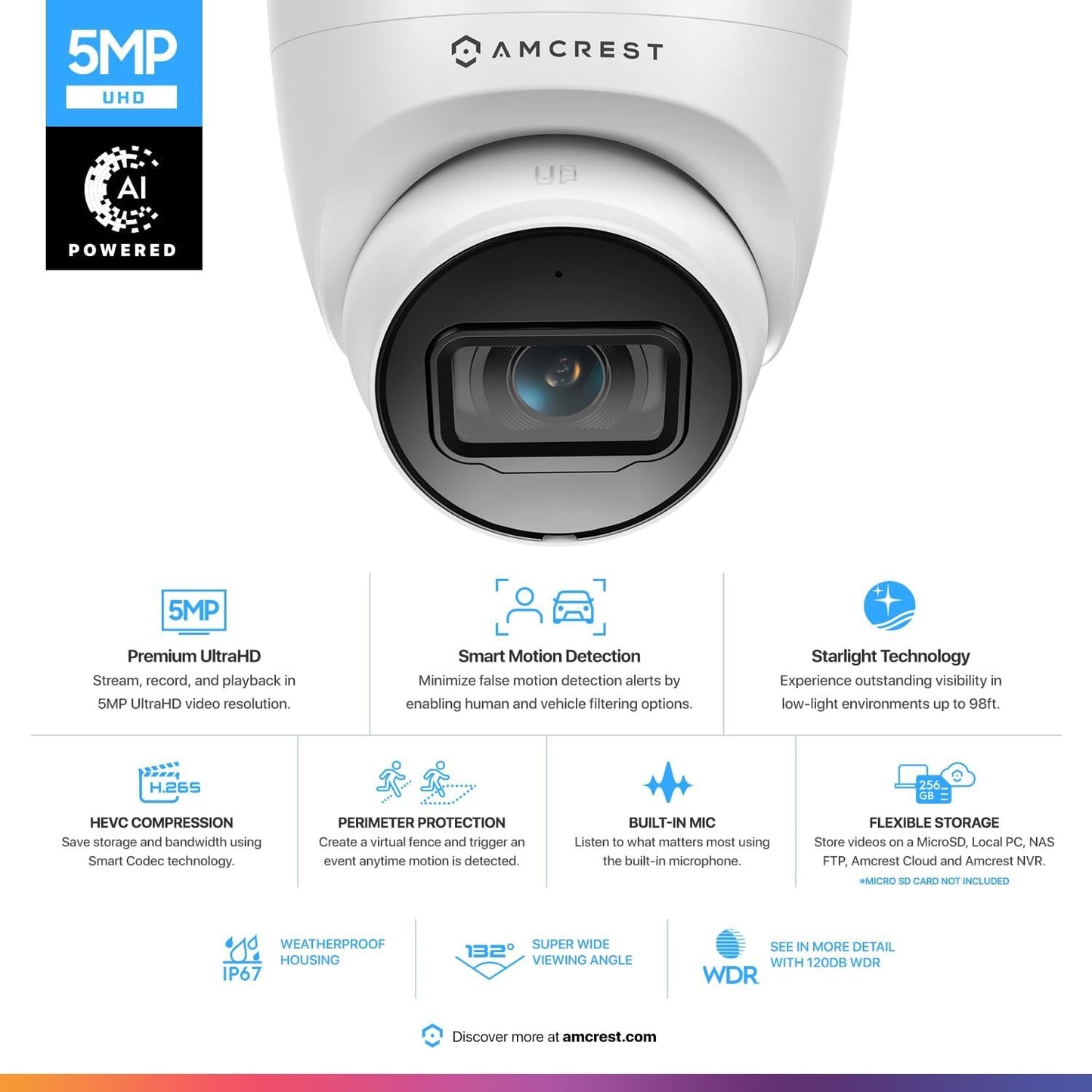 Amcrest 5MP Turret POE Camera, UltraHD Outdoor IP Camera POE with Mic/Audio, 5-Megapixel Security Surveillance Cameras, 98ft NightVision, 2.8mm Lens (103° FOV), IP67, MicroSD (256GB), (IP5M-T1179EW)