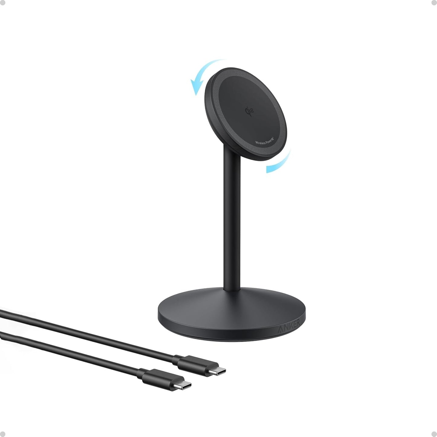 Anker MagGo iPhone 16 MagSafe-Compatible Wireless Charger, 15W Fast Wireless Charging Station, Qi2 Certified 360° Rotation Charger, for iPhone 16//15/14 Series and AirPods (Black, 1 Pack)
