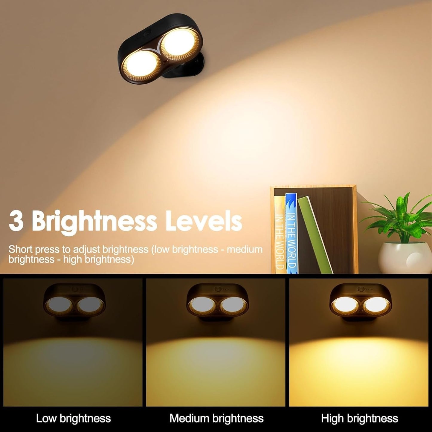 ZONJIE Upgrade LED Indoor Wall Light - Rechargeable Battery Indoor Wall Light with 3 Colour Modes and 3 Brightness Levels, 360° Rotating Wireless Wall Spotlight Indoor