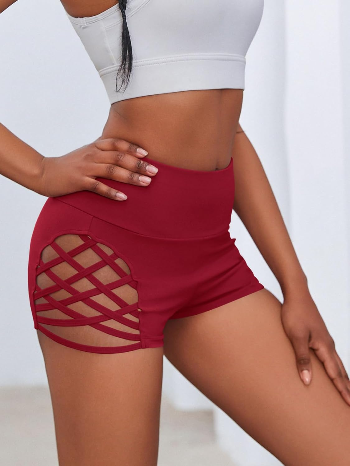 Fisoew Women's Workout Yoga Shorts High Waist Tummy Control Criss Cross Athletic Sports Booty Short Leggings