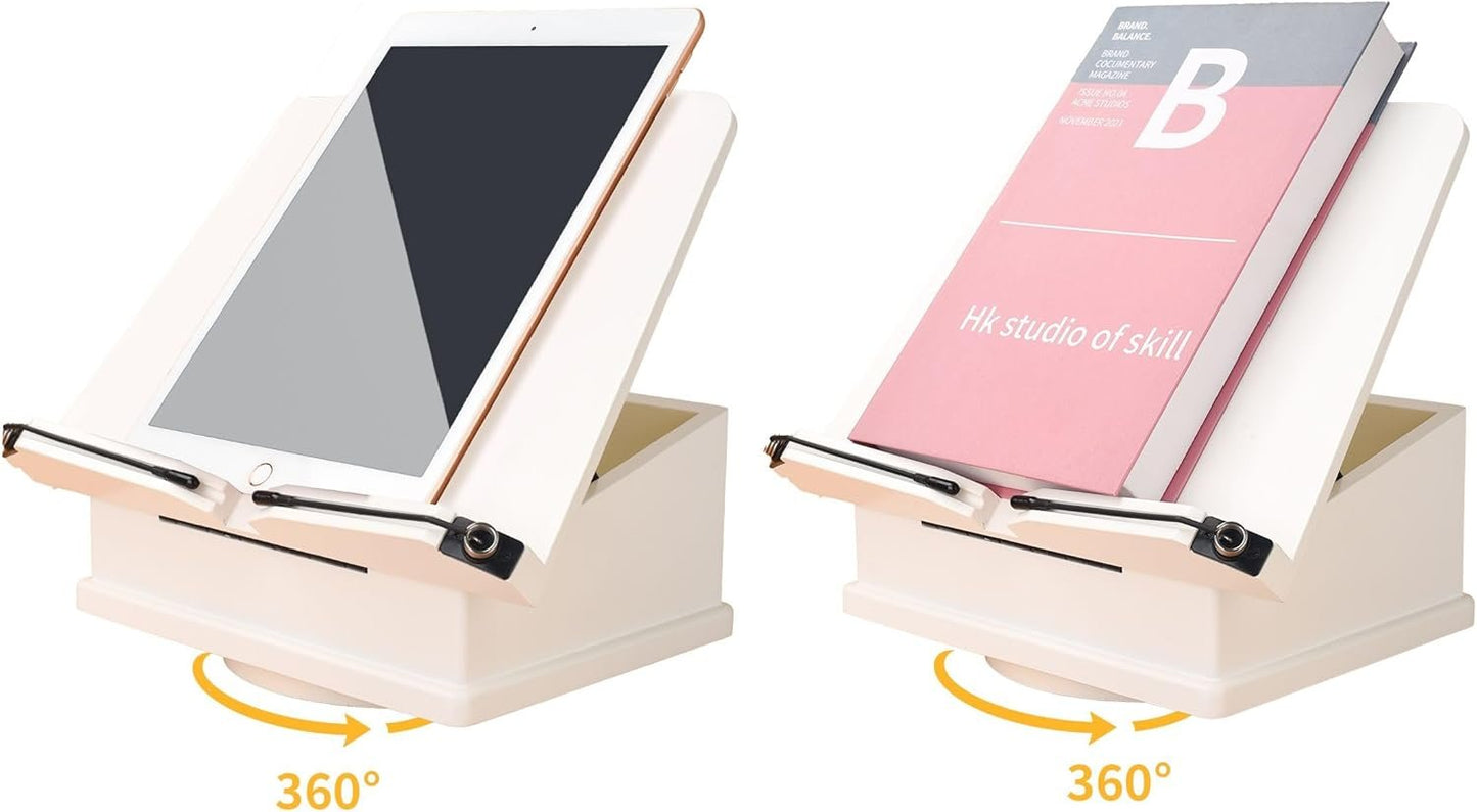 Large Wooden Book Stand with Carousel Base –Adjustable Book Holder with Storage Box and Magnetic Stand – 360° Rotate Wooden Book Organizer for Cookbook, Reading Book, Magazine, Laptop (White)
