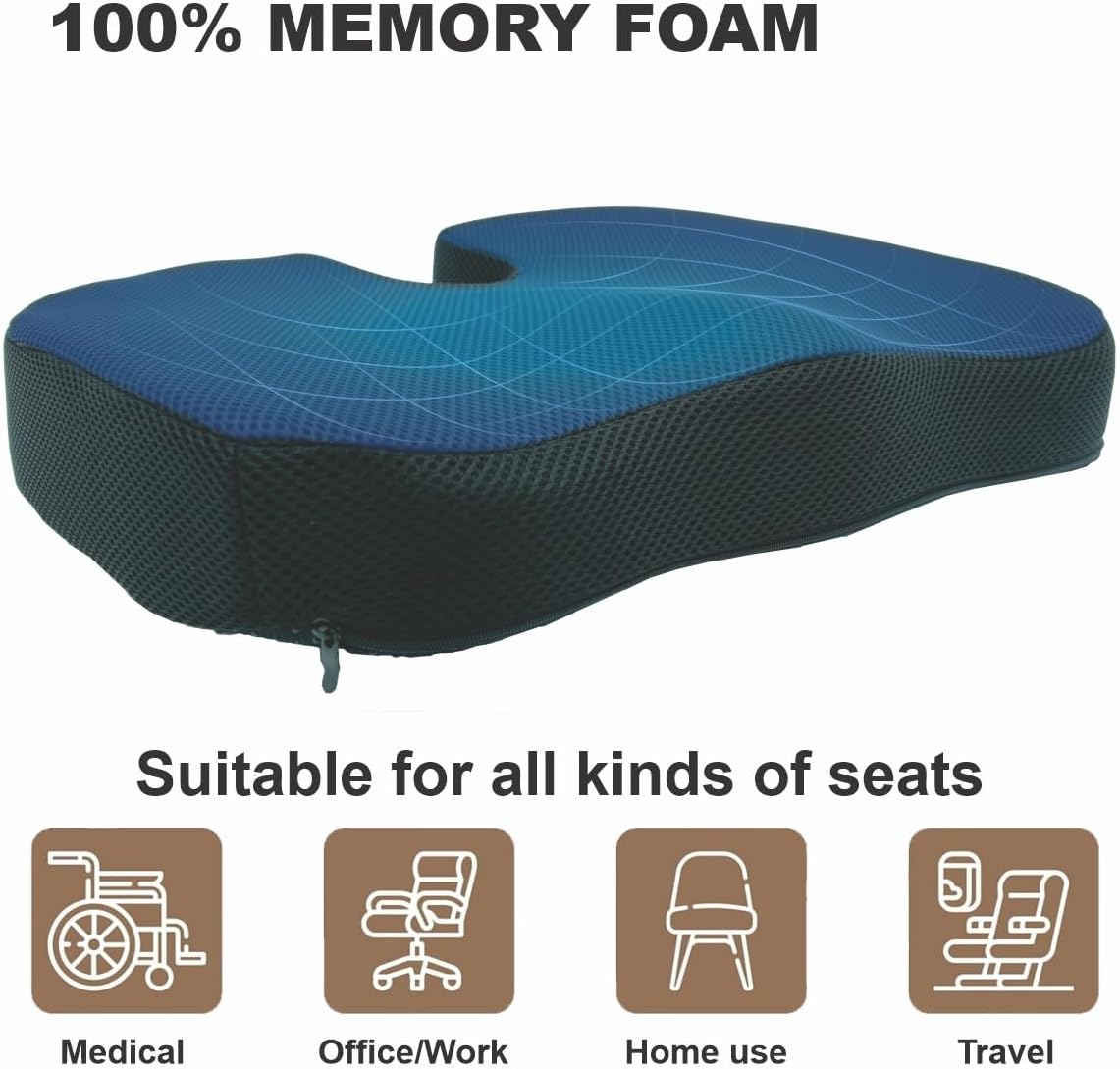 Bodyassist Coccyx Comfort Memory Foam Seat Cushion, Ergonomic Design, Breathable Cover, for Office, Travel and Home