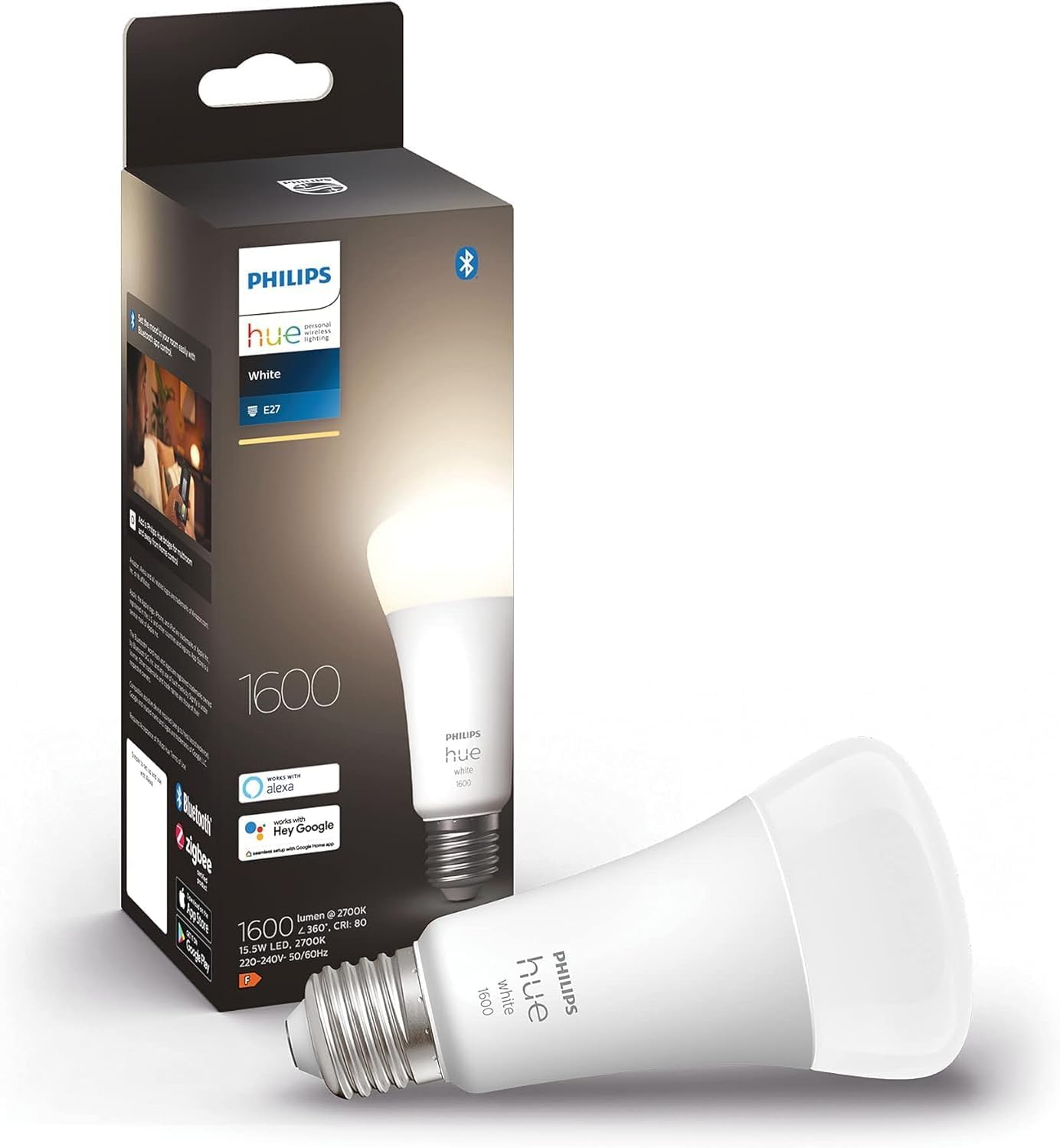 Philips Hue White E27 Smart LED Bulb, 15.5 W, White or Coloured Light, Dimmable, Bluetooth Control and Hue App, Works with Alexa, Google Assistant and Apple HomeKit