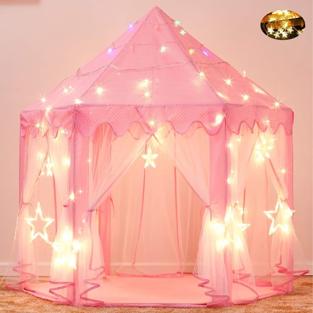 MonoBeach Princess Castle Play Tent Kids Play House with Star Lights Girls Pink Play Tents Toy for Indoor & Outdoor Games