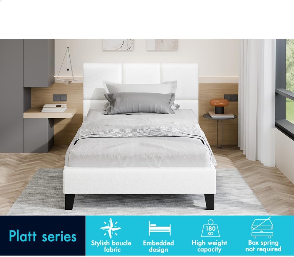 ALFORDSON Bed Frame Base King Single Size, Bed Platform Foundation with Boucle Upholstered Tufted Headboard for Mattress Topper, Platt Boucle White