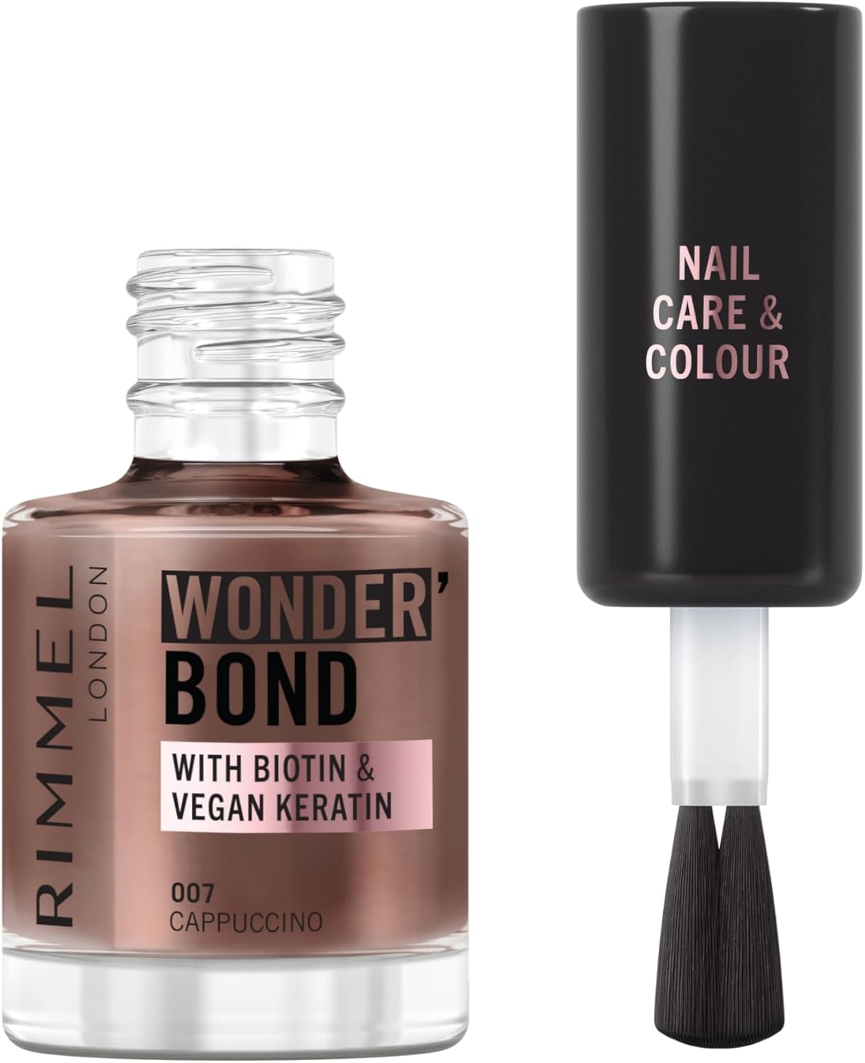 Rimmel Wonder'bond Care+Color Nail Polish, 007 Cappuccino, Regenerates Nails, with Biotin and Vegan Keratin, Modulable, 12 ml