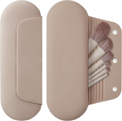 AGIKET Silicone Makeup Brush Holder Travel Cosmetic Bag:Soft Portable Cosmetic Face Brushes Holder with Upgrade Anti-Fall Out Magnetic Closure, Large Travel Makeup Brush Case - Walnut