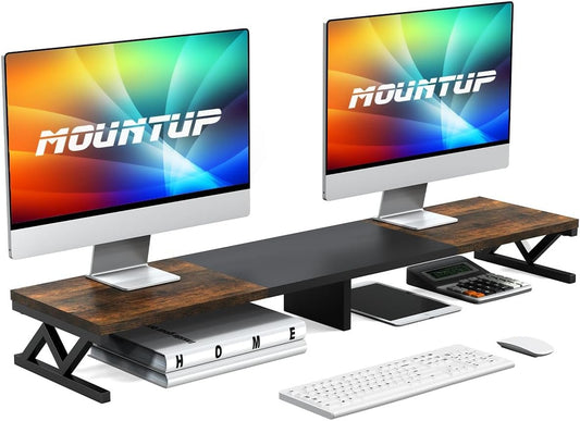 MOUNTUP Dual Monitor Stand Riser 100cm, Wood Desktop Organizer with Storage Space, Ergonomic Screen Stand for 2-3 Monitors (100 lbs Capacity)