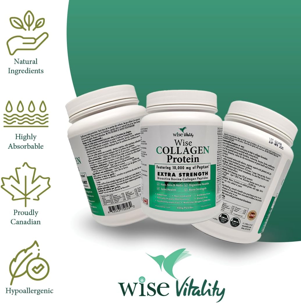 Wise Vitality Collagen Protein Powder | Type 1 & 3 Hydrolyzed Peptides for Skin, Hair, Nails & Bones | 425g Unflavored | Keto-Friendly, Non-GMO, Gluten-Free