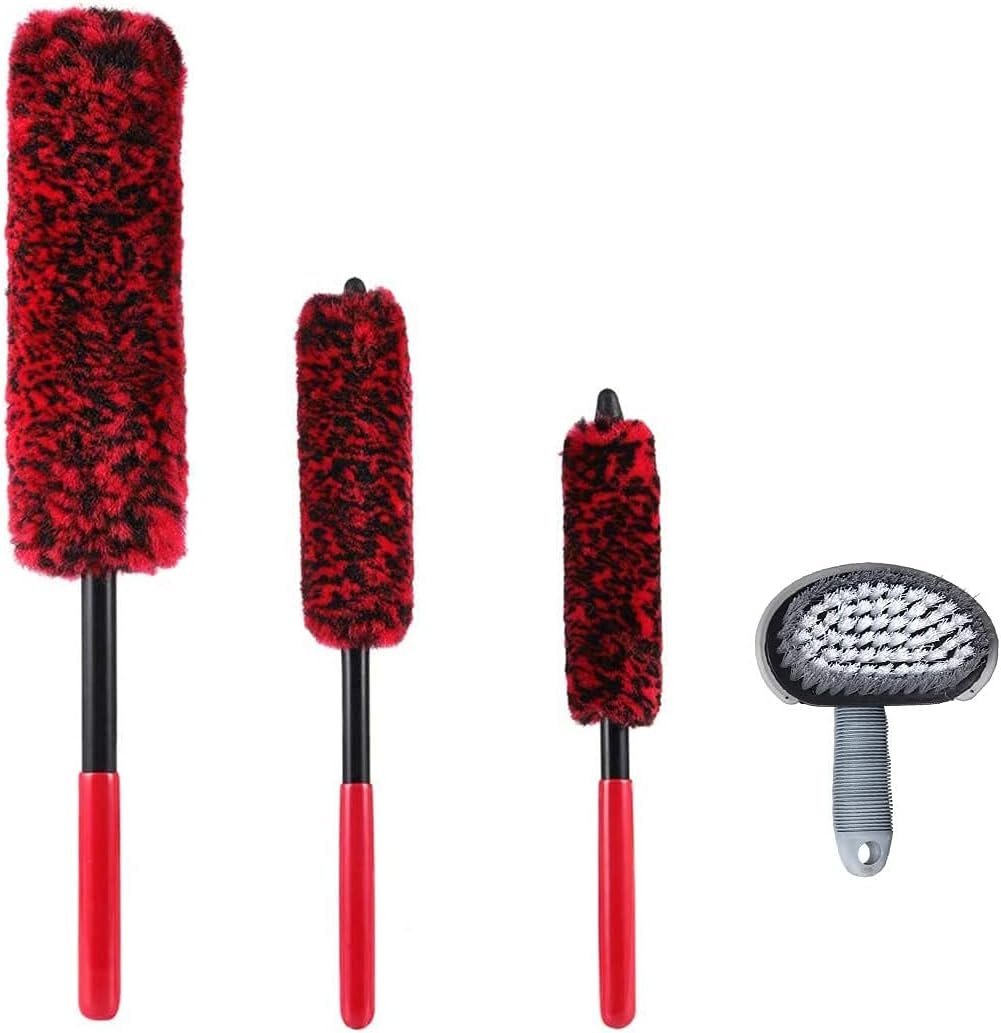 Car Wheel Brush for Cleaning Wheels Set 4 Pcs Metal Free Synthetic Wool Wheel Cleaning Brush Extended Reach Wheel Gerbils, Wheel and Rim Brushes for Cleaning Wheels, Rims, Exhaust Tip, No Scratching