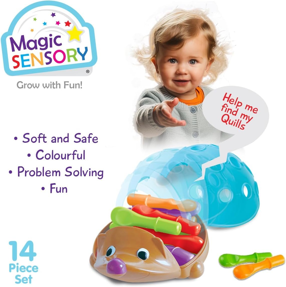 Magic Sensory Echidna Hedgehog Toy – Montessori STEM Fine Motor Skills & Counting Baby Toy – Interactive Educational Colour Sorting Sensory Toys for Toddlers 1-3 – 14 Piece Set