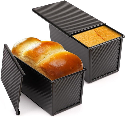 2 Pack Pullman Loaf Pan with Lid, Carbon Steel Corrugated Bread Toast Mold, Non-Stick Bread Pans Bakeware Cover for Bakeware Bread Toast Oven Baking