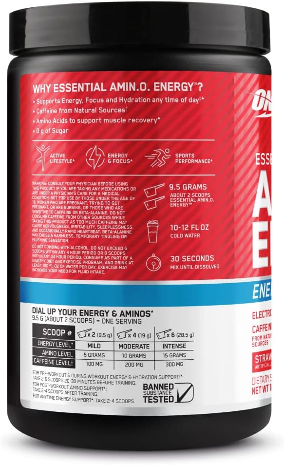 OPTIMUM NUTRITION Amino Energy + Electrolytes Powder 285 g, 30 Servings, Juicy Strawberry