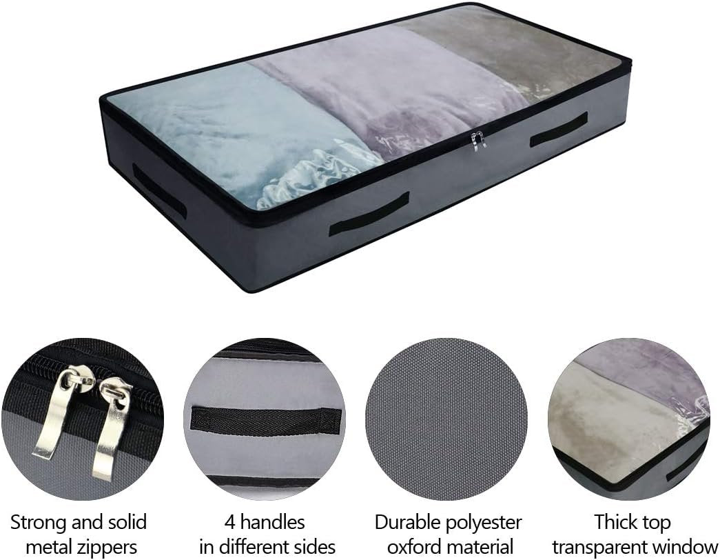 AMJ 2 Pack Soft Underbed Storage Containers with 4 Handles & Transparent Lid for Easy find,Durable Material, Foldable, Dark Gray