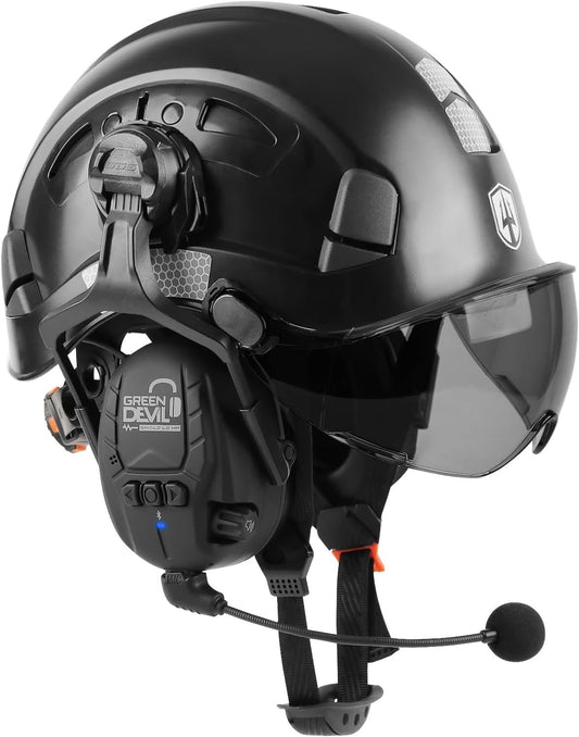 GREEN DEVIL Hard Hat Safety Helmet with Visor and Bluetooth Ear Muffs Full Protection Vented Work Hardhat ANSI Z89.1 Cascos De Construccion for Industrial Construction Forestry