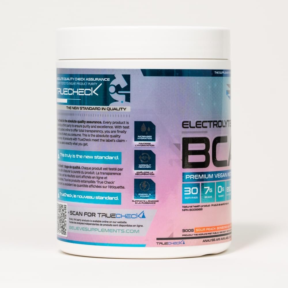 Believe Supplements Electrolytes+BCAA: Optimize Hydration and Muscle Recovery with Branched-Chain Amino Acids and Essential Electrolytes - Enhance Performance and Replenish Vital Nutrients Today! (Sour Peach)