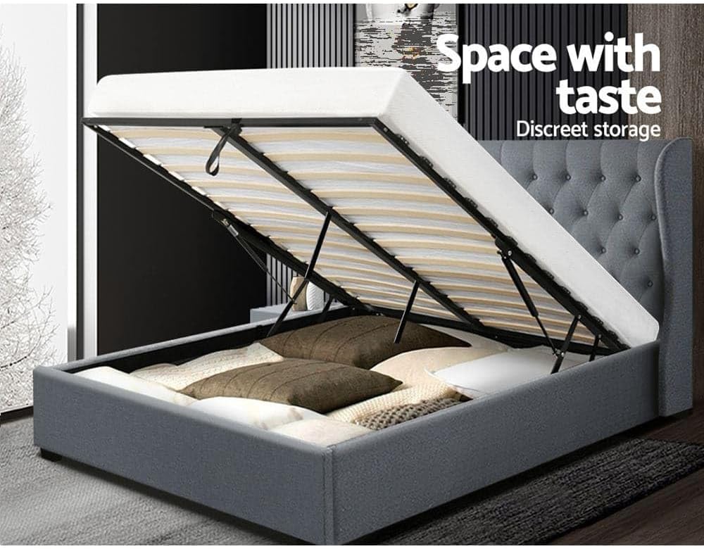 Artiss Queen Bed Frame Platform Wingback Headboard Frames Gas Lift Beds Base with Storage Space Bedroom Room Decor Home Furniture, Upholstered with Grey Faux Linen Fabric + Foam + Wood