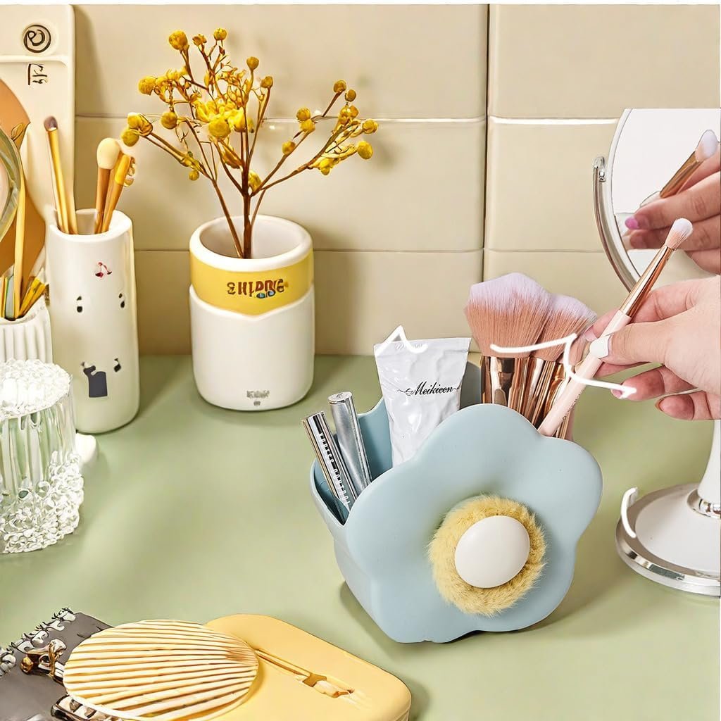 Flower-shaped Pen Holder for Desk,Multifunctional Plastics Makeup Brush Holder Cute Desk Accessories pen organizer for Home Office Table Decor .(Blue)