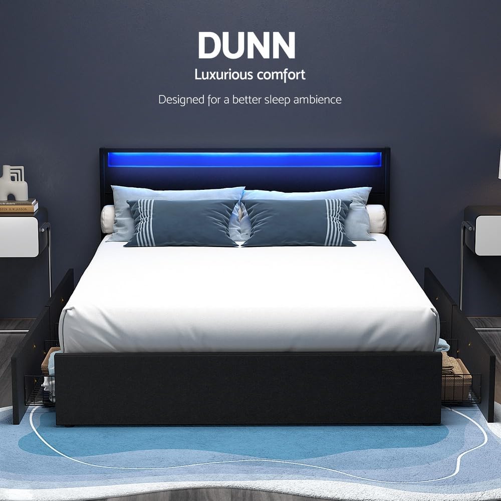Artiss Bed Frame Double Size LED with 4 Storage Drawers Mattress Base Black Dunn