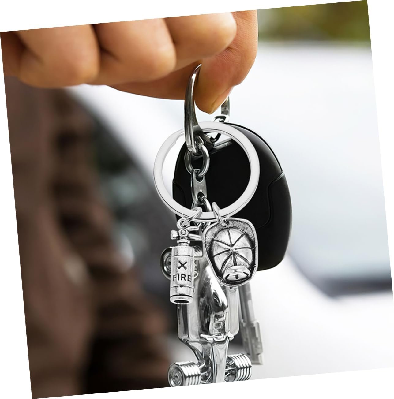 Beavorty Fireman Keychain Set Fire Extinguisher Backpack Ornament Fireman Helmet Keyring