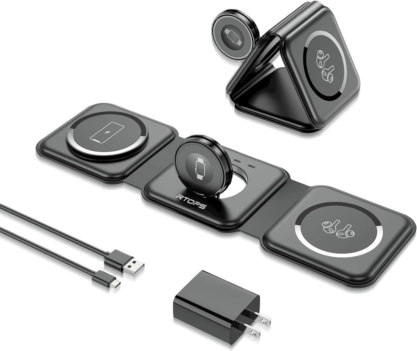 Wireless Charger, RTOPS Foldable 3 in 1 Wireless Charger for Multiple Device Apple, W-312 Fast Travel Wireless Charging Station (Adapter Included)