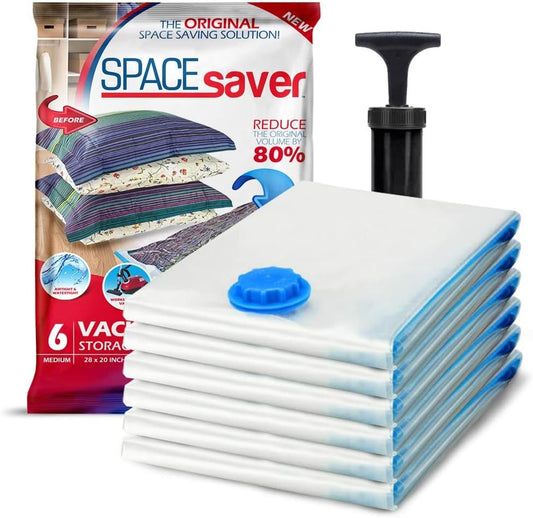 Spacesaver Vacuum Storage Bags Medium 6 Pack - Vacuum Seal Bags for Clothing, Comforters, Blankets and Bedding - 28 x 20 Inch Space Saver Bag for Travel and Home Organization with Hand Pump Included