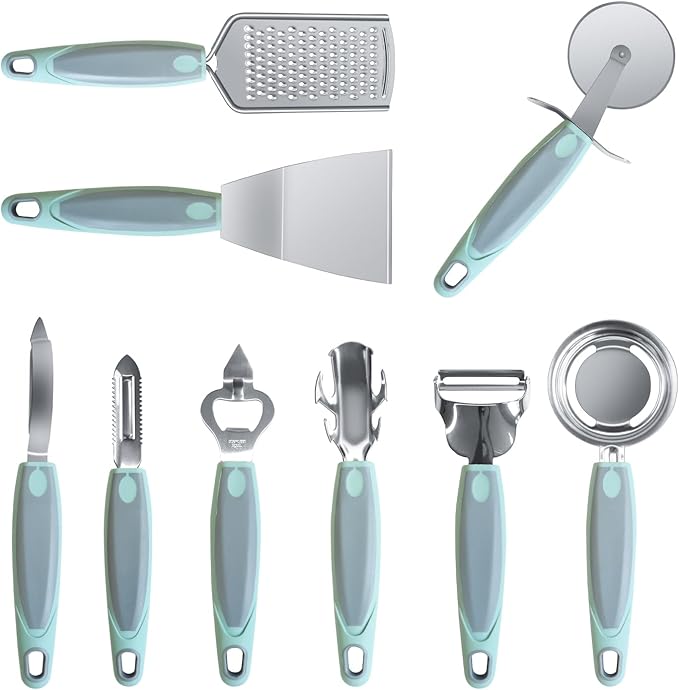Stainless Steel Kitchen Gadget Set, HIFIND 9 PCS Cooking Gadgets Tools Set with Soft Touch Handles, Pizza Cutter, Peeler, Cheese Grater, Bottle Opener, Egg Separator, Grill Spatula, Holding Clamp