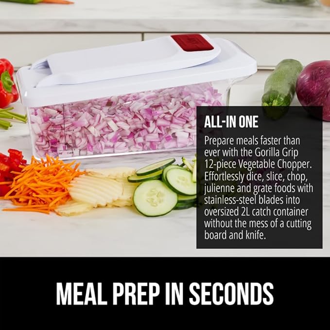 GORILLA GRIP Heavy Duty 12-in-1 Vegetable Chopper, 6 Blades, Food Choppers with Container, Cucumber Mandoline Slicer, Dice Onions, Slice Veggies, Chop Salad, Home Essential Kitchen Gadgets Tool, Red